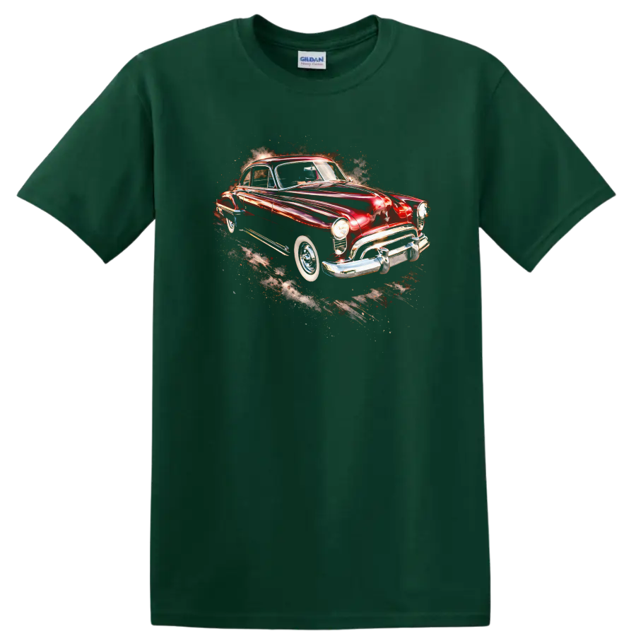 Red Oldsmobile Futuramic 88 Club Coupe classic car graphic print T shirt on a Forest Green T Shirt