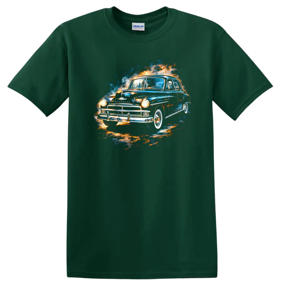 Watercolor Plymouth classic old car with blue and orange splash graphic print on a Forest Green T Shirt