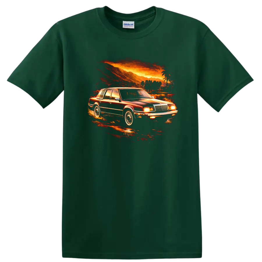 Classic Chrysler New Yorker XIII car in a fiery sunset graphic print T shirt on a Forest Green T Shirt