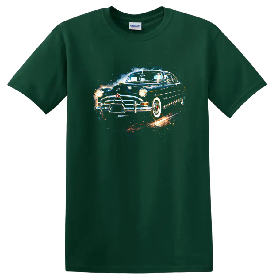 Classic Hudson Hornet old car graphic print with blue vintage racing design on a Forest Green T Shirt