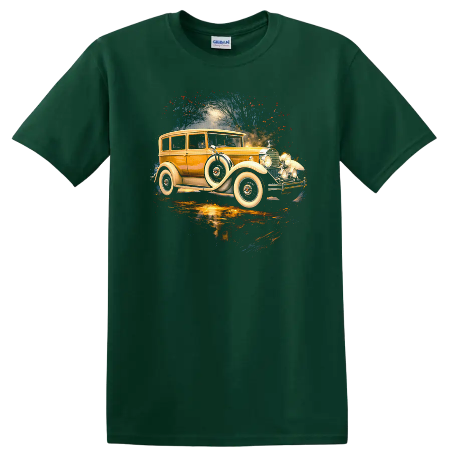 1928 Packard vintage car graphic print on T shirt on a Forest Green T Shirt