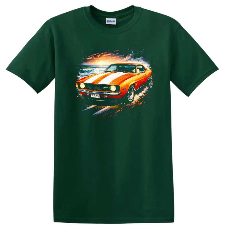 Orange 1969 Chevrolet Camaro Z/28 with white stripes, ocean waves, and sunset art on a Forest Green T Shirt