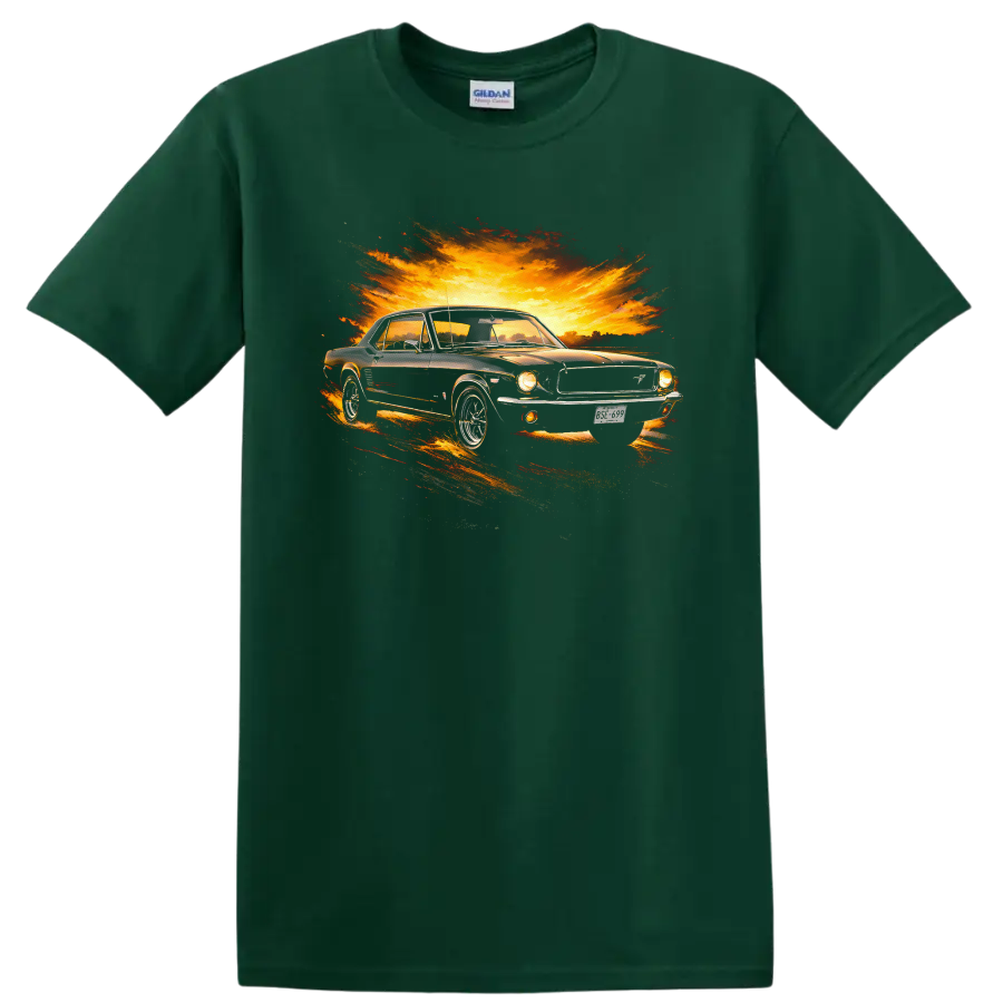 Old Ford Mustang graphic print with fiery sunset burst T shirt on a Forest Green T Shirt