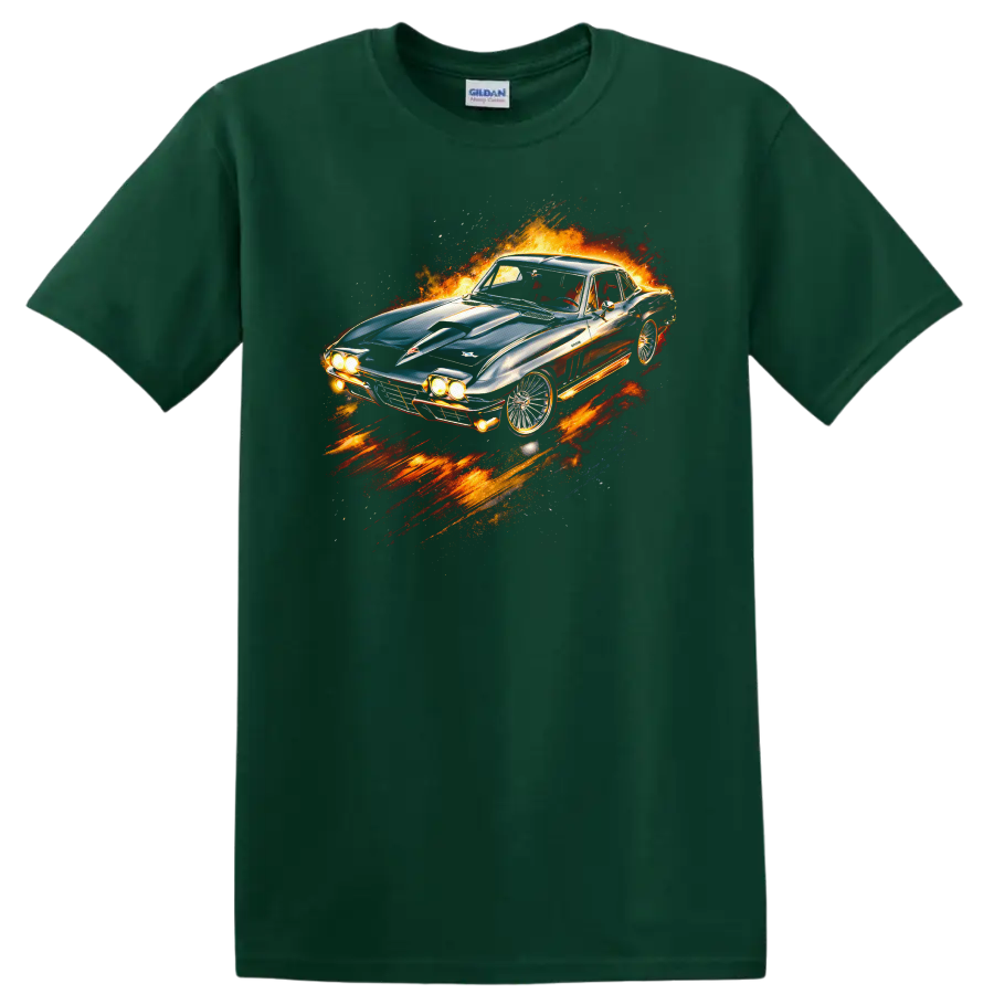 1963 Chevrolet Corvette Sting Ray flame graphic T shirt on a Forest Green T Shirt