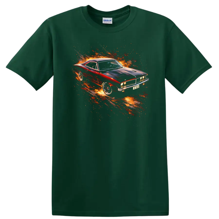 1969 Dodge Charger car with fiery graphic print on a T shirt on a Forest Green T Shirt