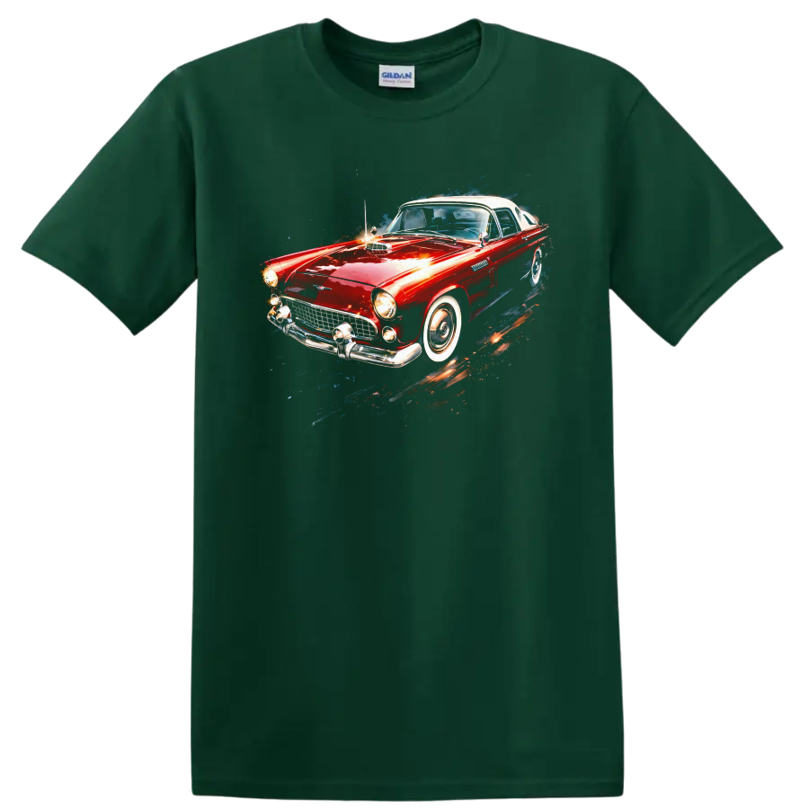 Red Ford Thunderbird classic car graphic print T shirt on a Forest Green T Shirt