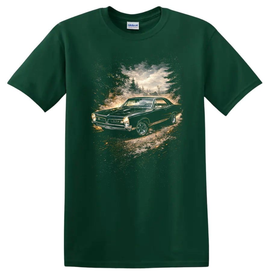 Pontiac GTO in a vintage countryside scene graphic print T shirt on a Forest Green T Shirt