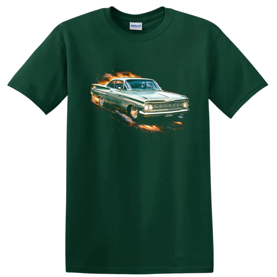 1961 Chevrolet Impala classic car with flame-style graphic print on a Forest Green T Shirt