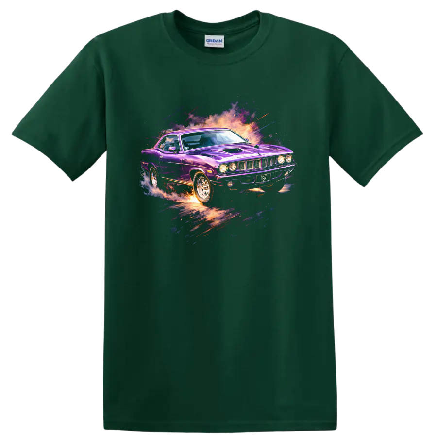 Purple Plymouth Barracuda car graphic print T-shirt with explosive retro splash effects on a Forest Green T Shirt