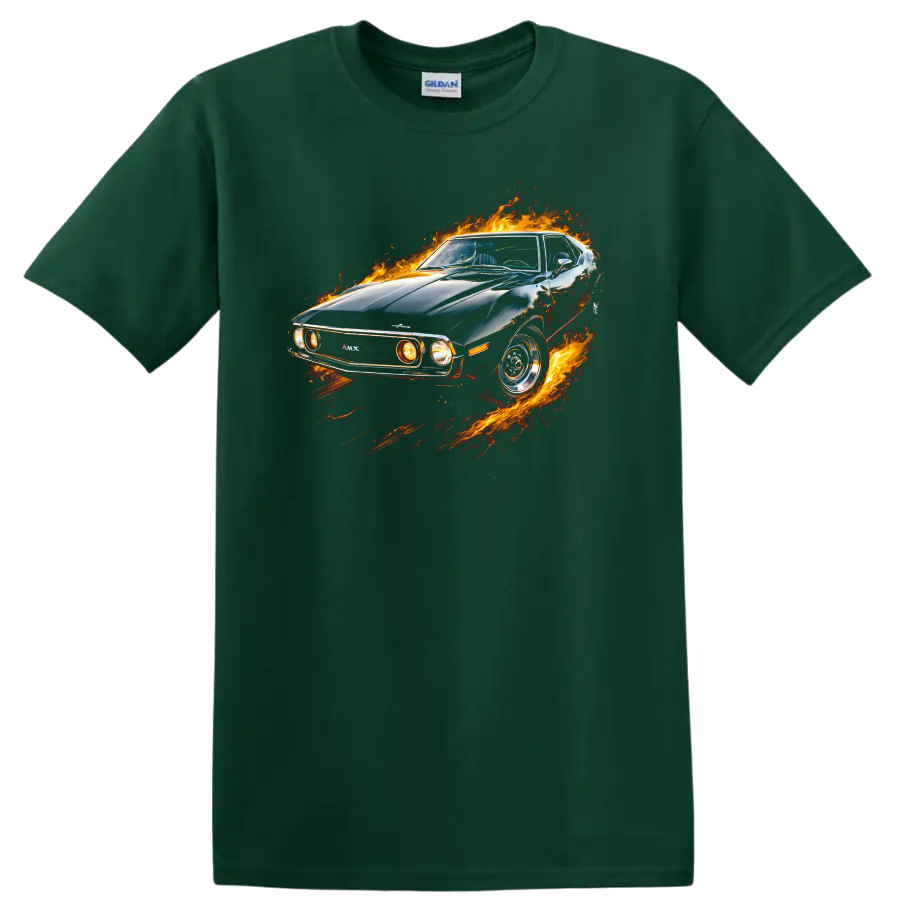 AMC Javelin AMX muscle car surrounded by flames graphic on a black T shirt on a Forest Green T Shirt