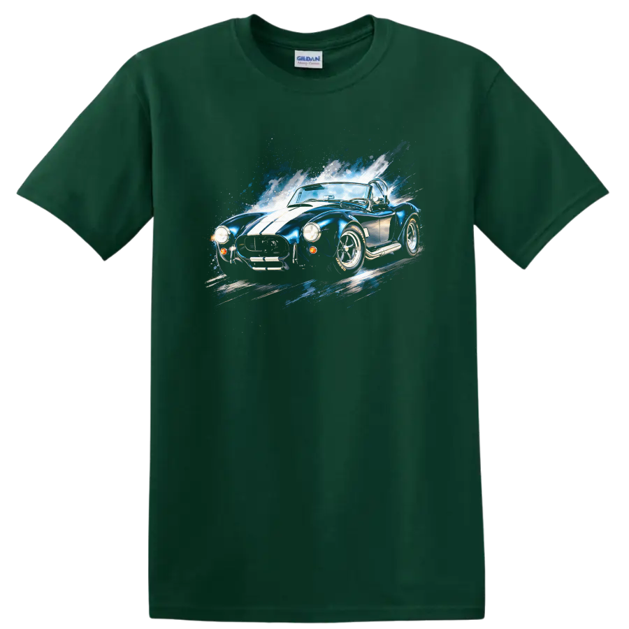 Blue Shelby Cobra old car graphic print with white stripes and splash effect on a Forest Green T Shirt
