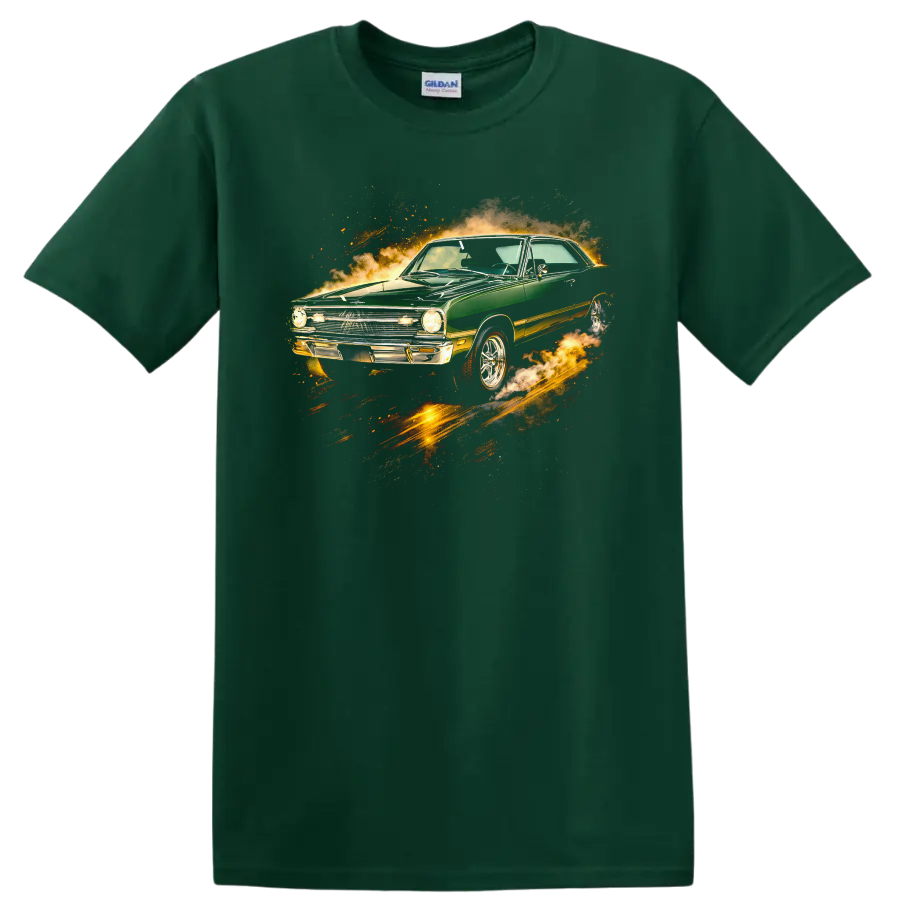 Green 1968 Dodge Dart with fiery motion effects graphic print T shirt on a Forest Green T Shirt