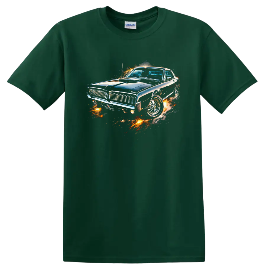 1967 Mercury Cougar classic car graphic print with chrome details and fiery effects on a Forest Green T Shirt