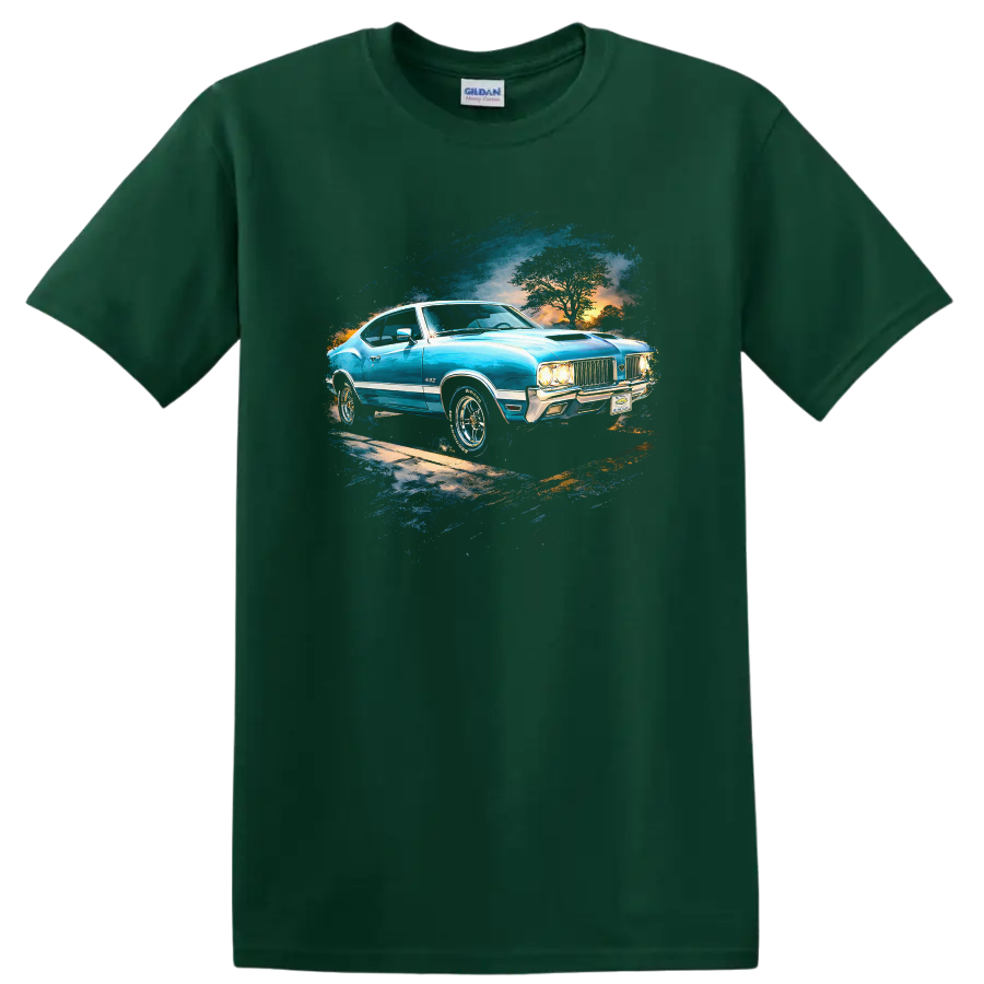 Blue 1970 Oldsmobile 442 classic car graphic print T-shirt on a Forest Green T Shirt