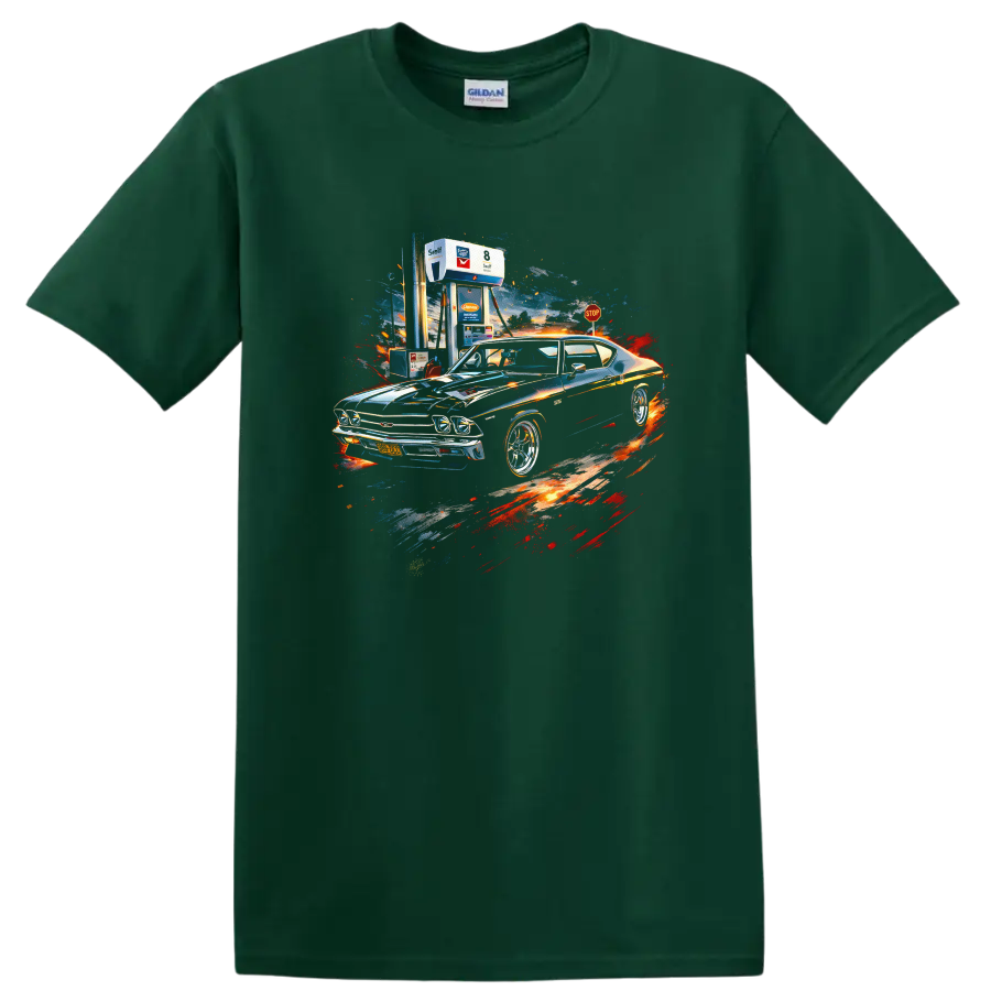 Chevrolet Chevelle muscle car with colorful splash art graphic print on T shirt on a Forest Green T Shirt