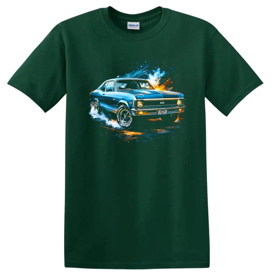 Blue 1970 Chevrolet Nova SS classic car graphic T shirt with splash effects on a Forest Green T Shirt