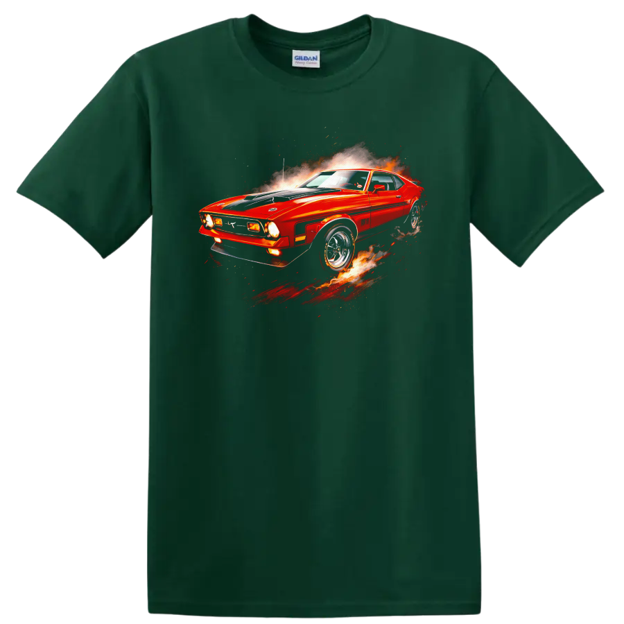 Red Ford Mustang Mach 1 with flames and motion effects graphic print T shirt on a Forest Green T Shirt