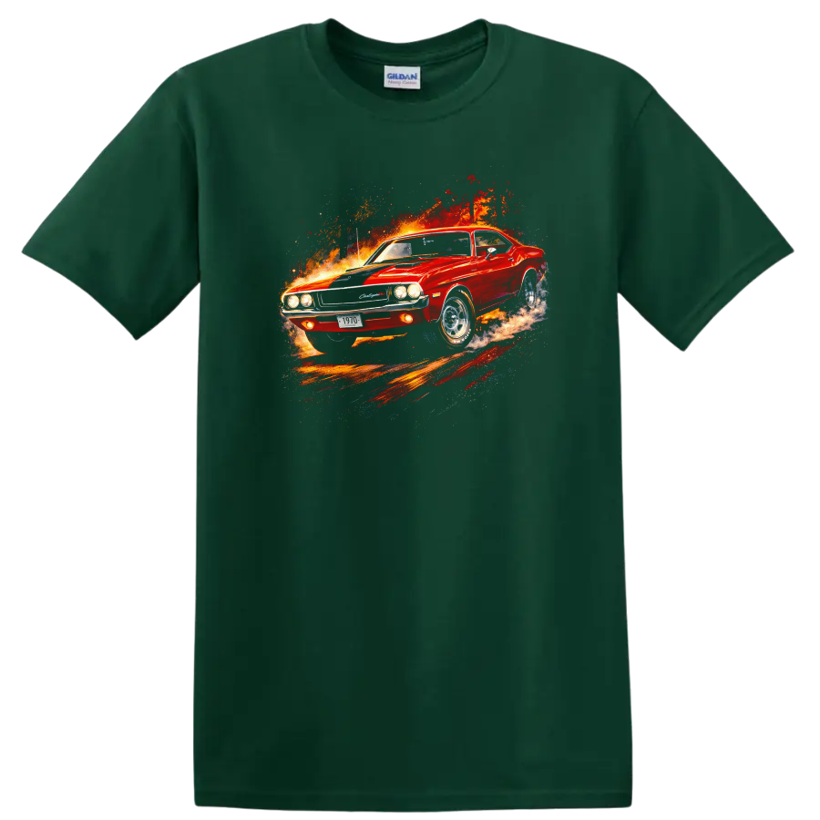 Red 1970 Dodge Challenger R/T muscle car graphic print T shirt on a Forest Green T Shirt