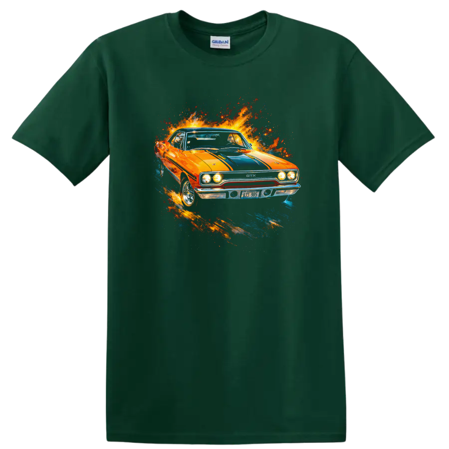 Orange Plymouth GTX classic car with blue stripes and paint splash graphic on T shirt on a Forest Green T Shirt