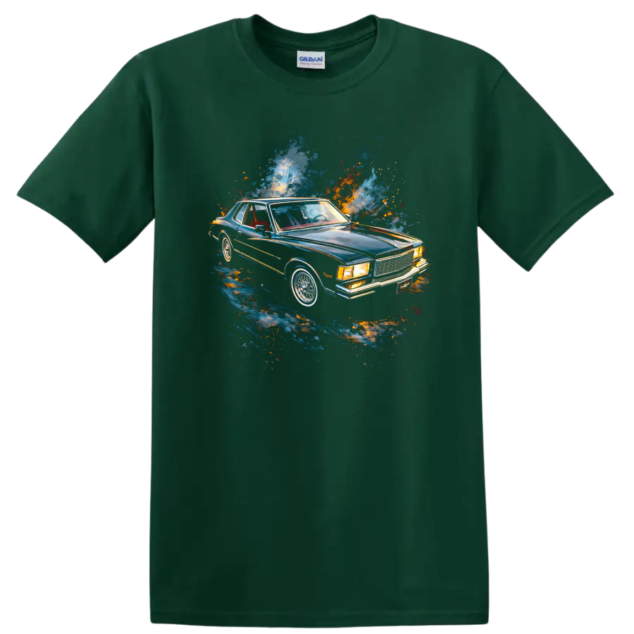 Chevrolet Monte Carlo classic car graphic print T shirt with blue and orange paint splash on a Forest Green T Shirt