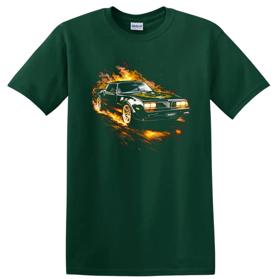 Pontiac Firebird Trans Am flaming muscle car graphic T Shirt on a Forest Green T Shirt