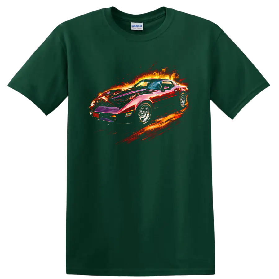 Chevrolet Corvette Stingray classic car with fiery graphic print on T shirt on a Forest Green T Shirt