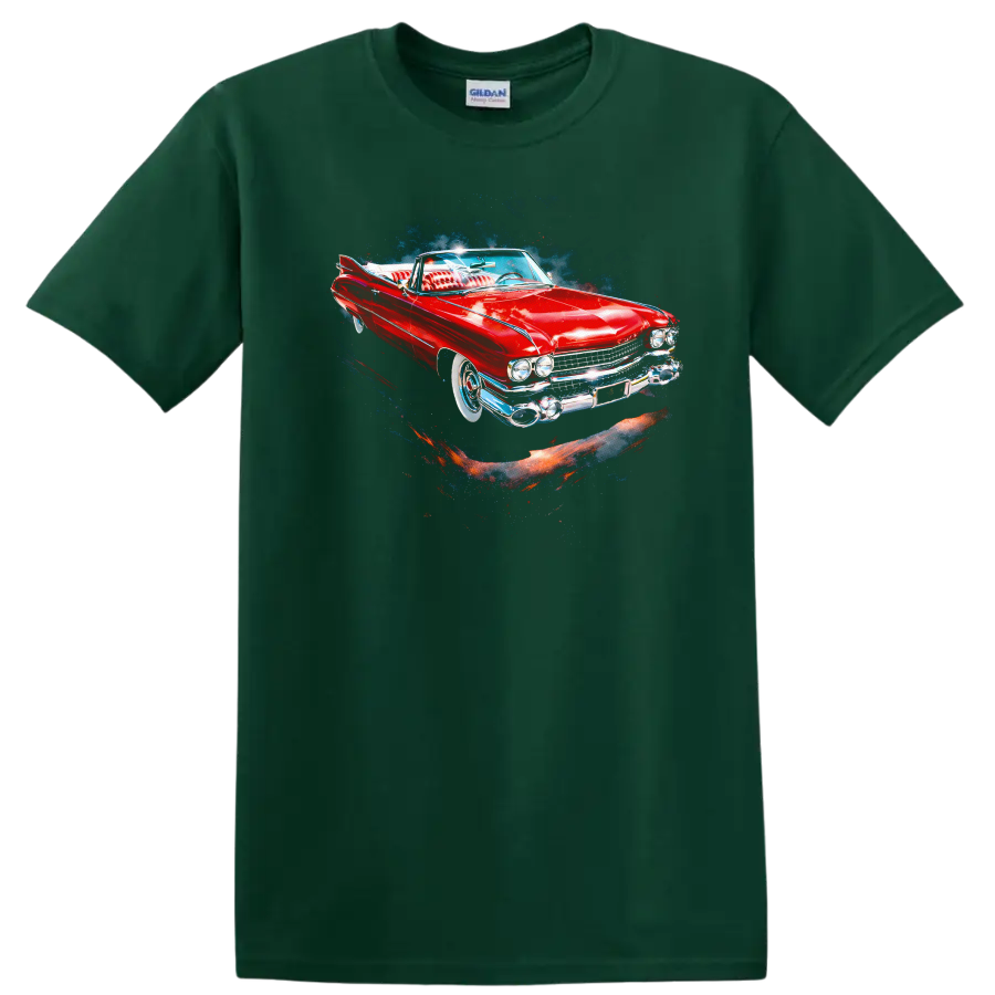 Red 1959 Cadillac Eldorado classic car graphic print T shirt on a Forest Green T Shirt