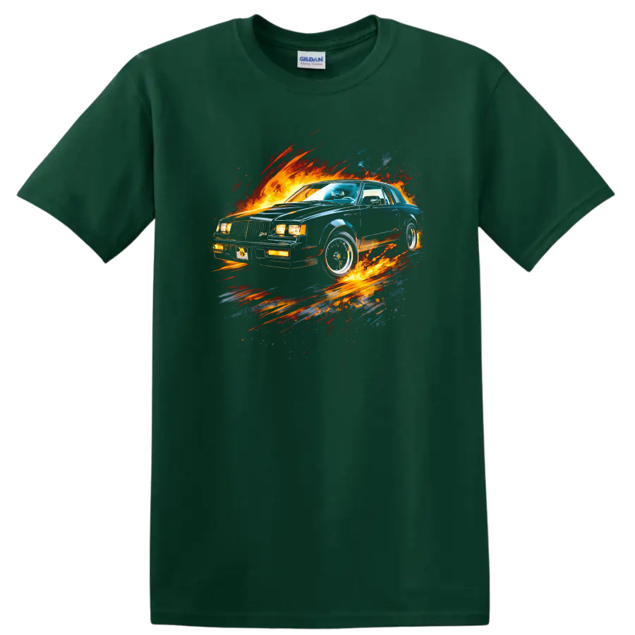 Buick Grand National old car with fiery graphic print T shirt on a Forest Green T Shirt