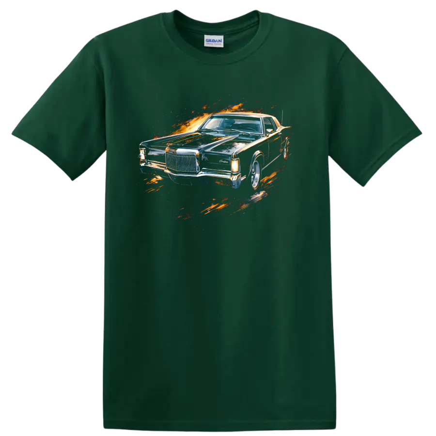 Lincoln Continental Mark III classic car with fiery splash graphic print T shirt on a Forest Green T Shirt