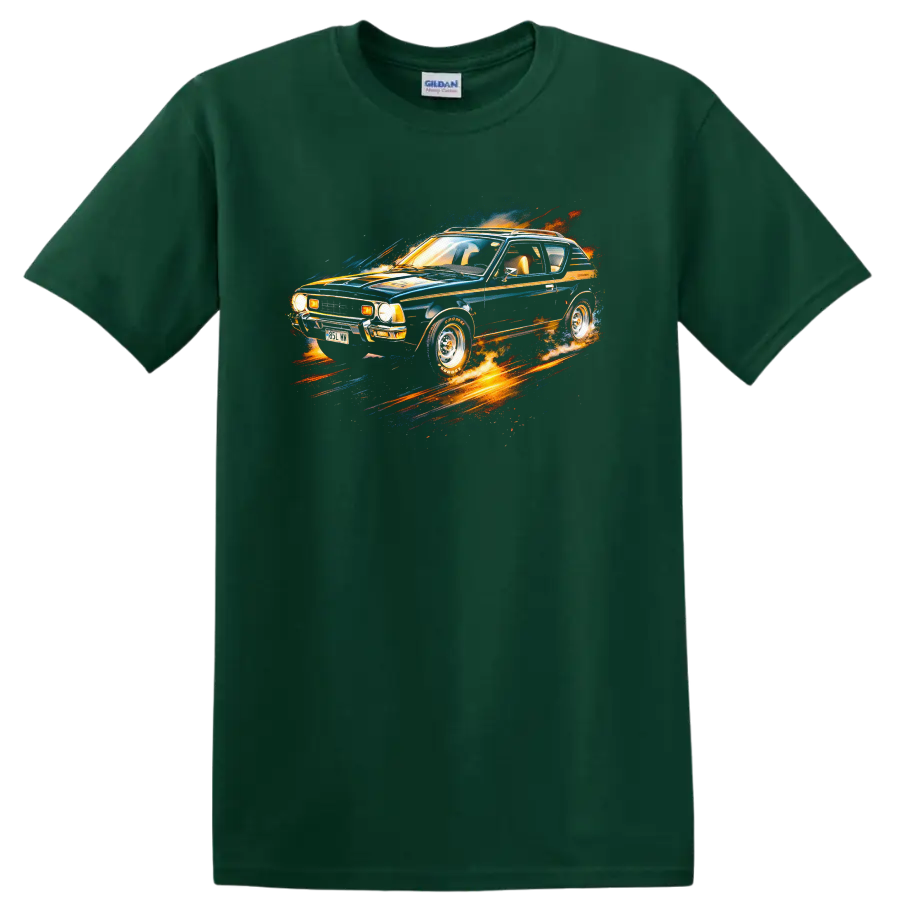 Colorful AMC Gremlin old car graphic print T-shirt with retro automotive splash design on a Forest Green T Shirt