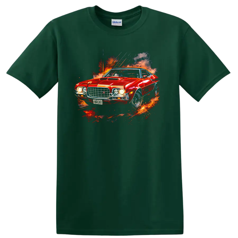 Red 1972 Ford Gran Torino Sport muscle car graphic print with fiery smoke on a Forest Green T Shirt