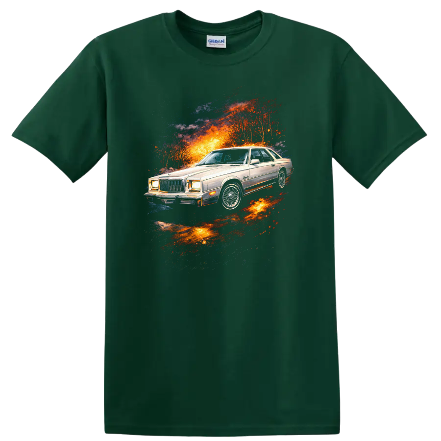 Chrysler Cordoba classic car graphic print with fiery retro energy burst on a Forest Green T Shirt
