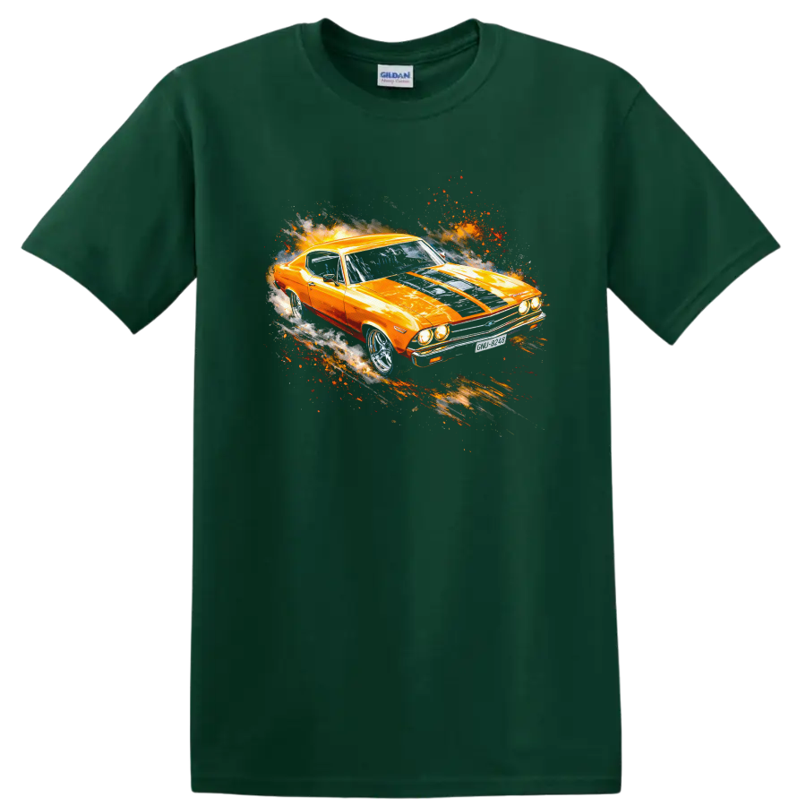 Orange 1969 Chevelle SS 396 muscle car graphic print with motion effects on T shirt on a Forest Green T Shirt