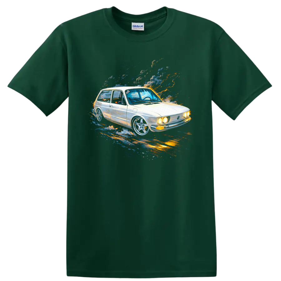 Volkswagen Brasília old car with colorful motion streaks graphic print T shirt on a Forest Green T Shirt