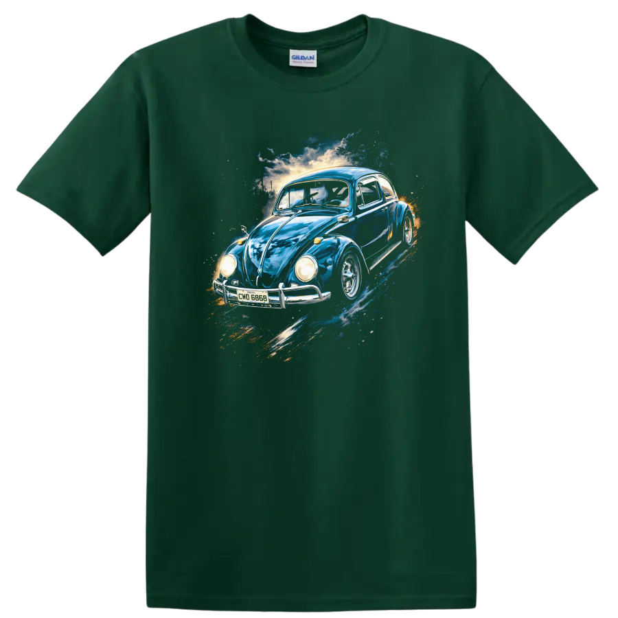 Blue Volkswagen Beetle vintage car graphic print T shirt on a Forest Green T Shirt