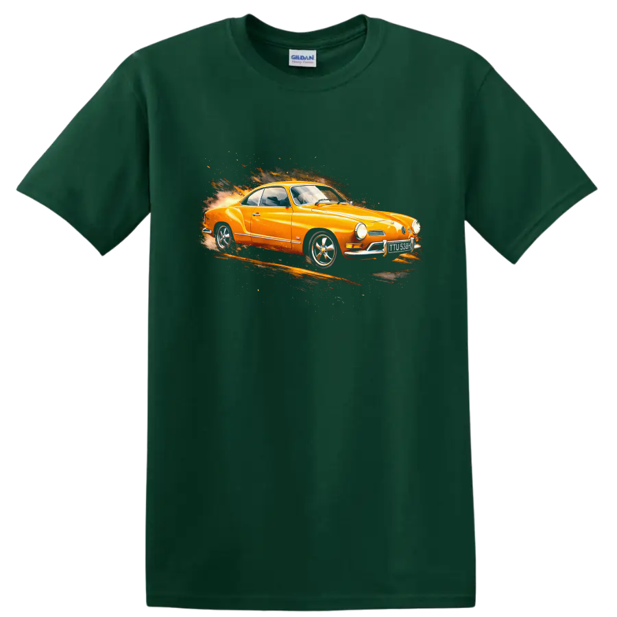 Orange Volkswagen Karmann Ghia classic car with fiery motion graphic on black background on a Forest Green T Shirt