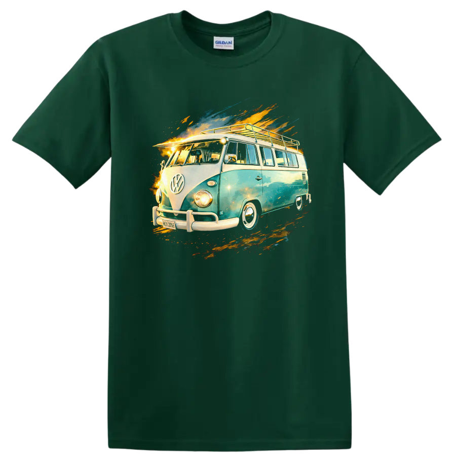 Volkswagen T1 camper van graphic print with colorful splash effects on a T shirt on a Forest Green T Shirt