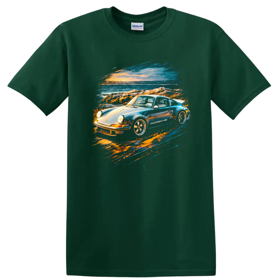 Pop art Porsche-style old car by the ocean at sunset, graphic print T shirt on a Forest Green T Shirt