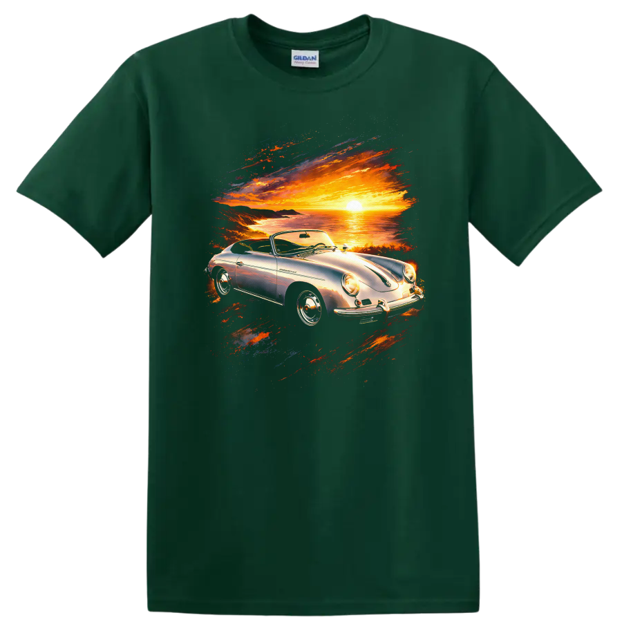 Porsche 356 convertible at sunset with colorful coastal scenic graphic print on a Forest Green T Shirt