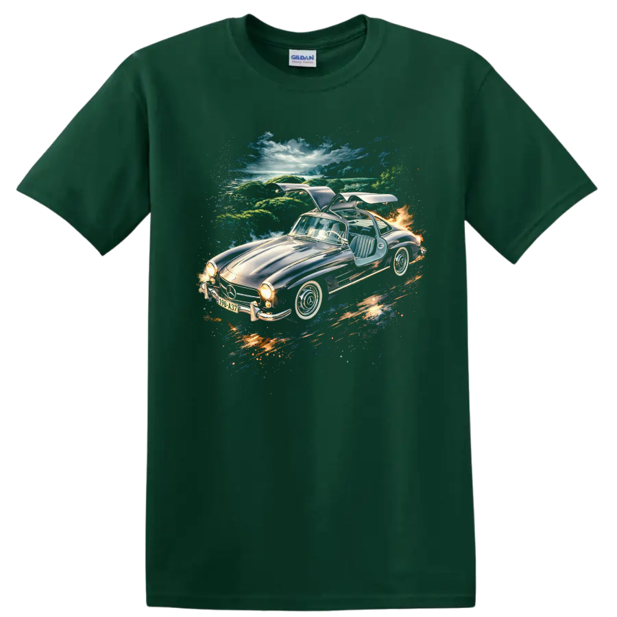 1954 Mercedes-Benz 300 SL Gullwing car artwork with scenic background on a T shirt on a Forest Green T Shirt