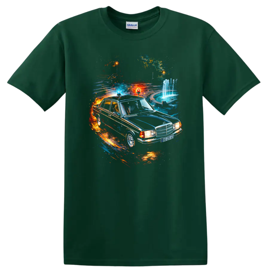 Mercedes-Benz W123 classic car with neon graphic print on T shirt on a Forest Green T Shirt