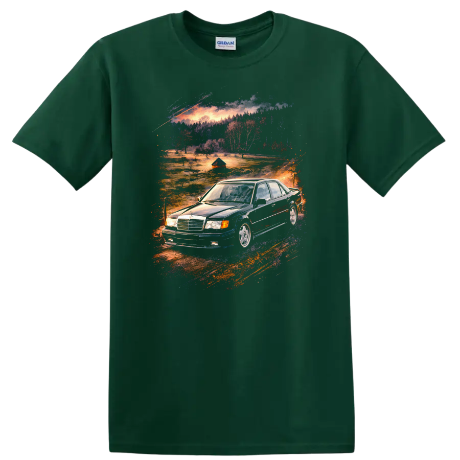 Mercedes-Benz E500 W124 old car graphic print T-shirt with scenic vintage car artwork on a Forest Green T Shirt