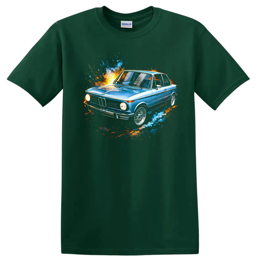 Blue BMW 2002 painting style car with colorful splash graphic on T shirt on a Forest Green T Shirt
