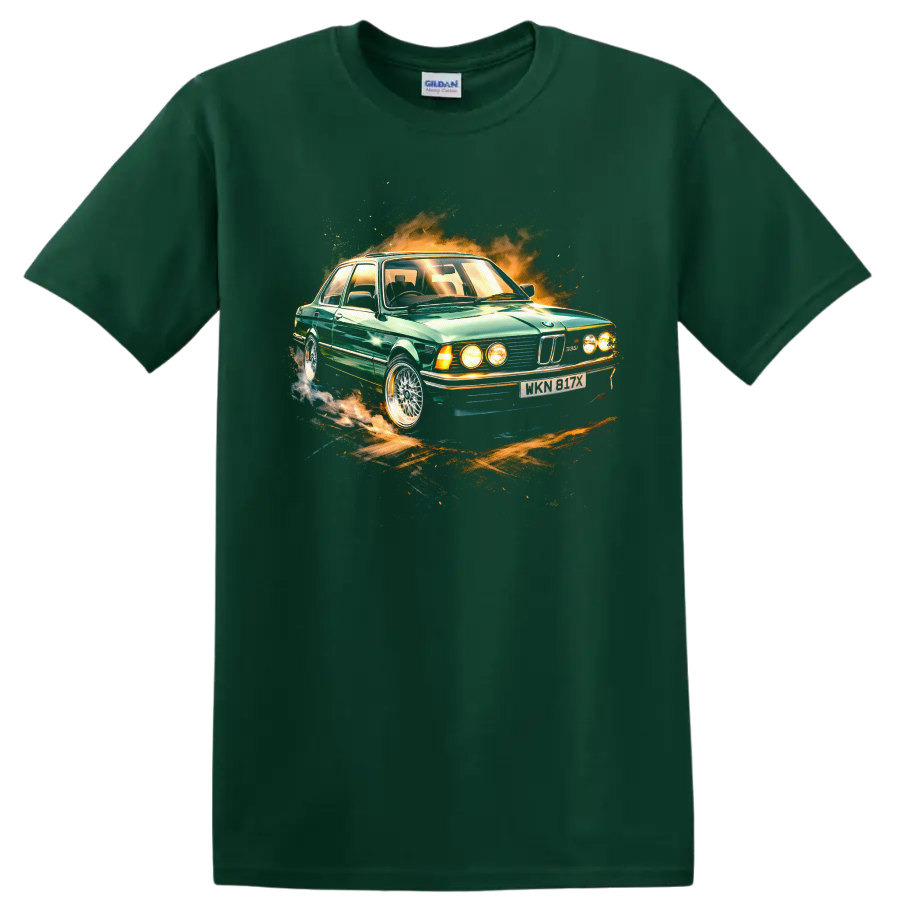 BMW E21 Alpina green classic car graphic print T shirt on a Forest Green T Shirt