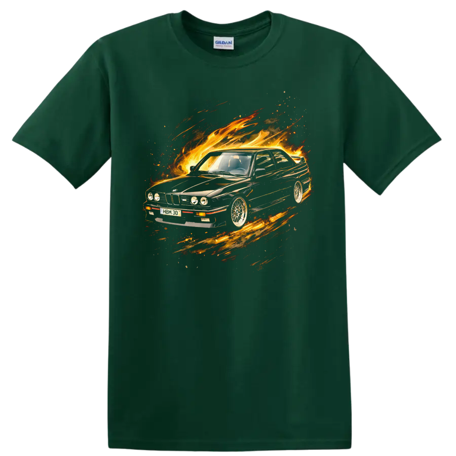 BMW E30 M3 car surrounded by flames and motion streaks graphic T-shirt on a Forest Green T Shirt