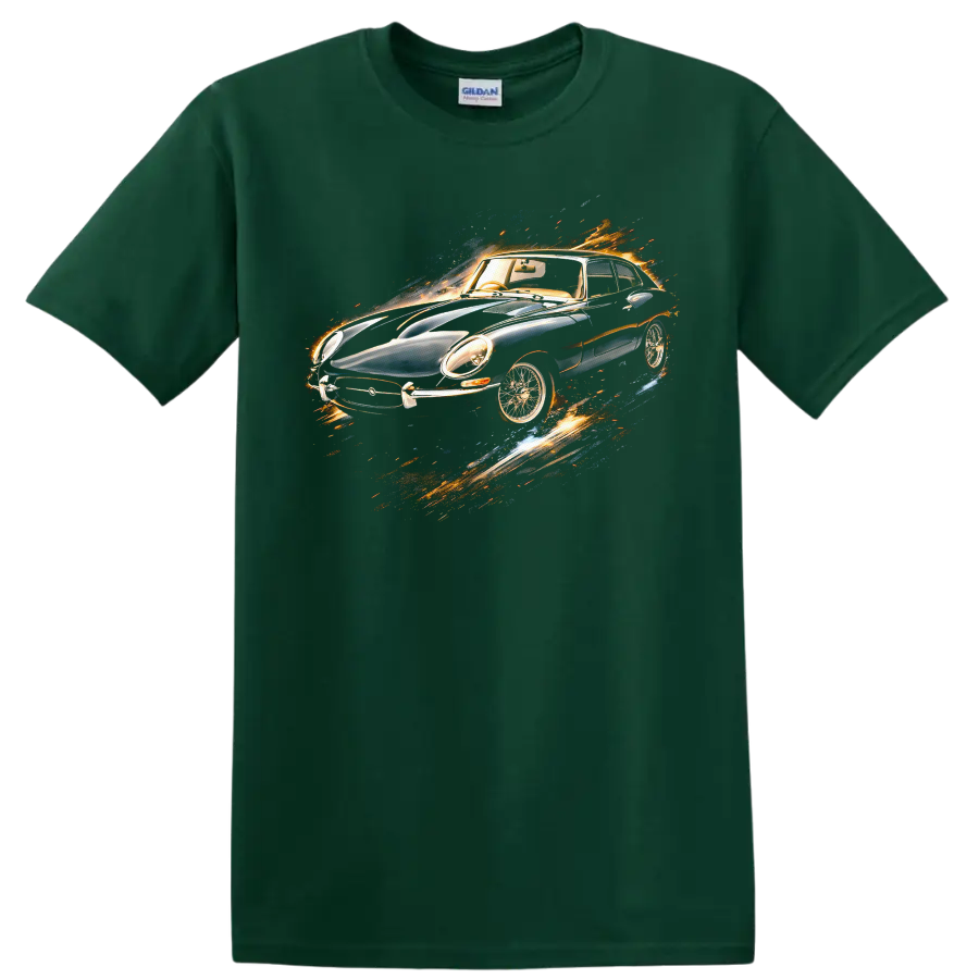 Jaguar E-Type Coupe 1963 with fiery motion effect graphic print T-shirt on a Forest Green T Shirt