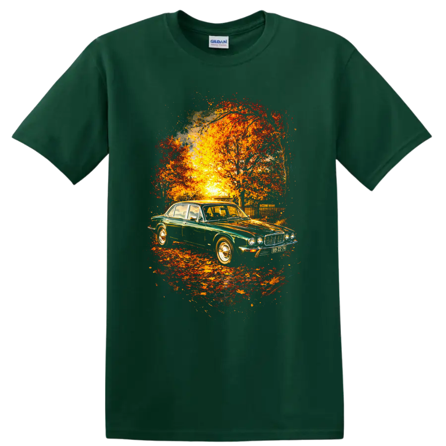 Jaguar XJ old car graphic print with autumn trees and sunset on a Forest Green T Shirt