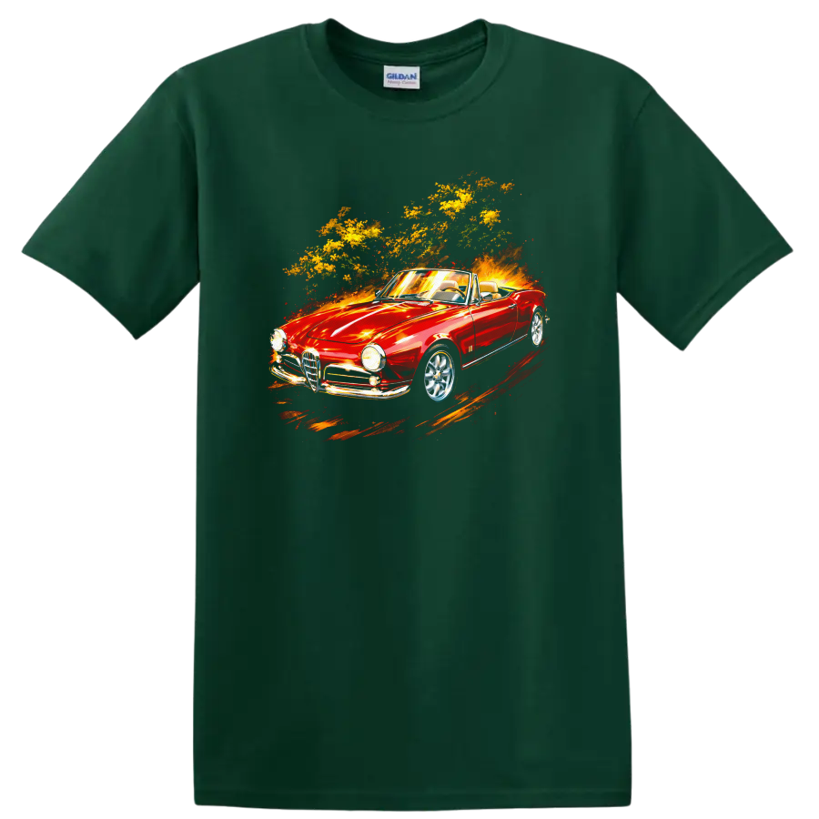 Red Alfa Romeo Giulietta Spider convertible graphic print T Shirt on a Forest Green T Shirt