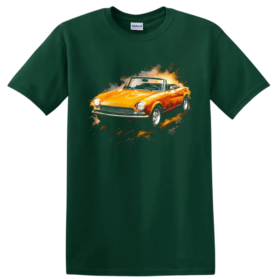 Orange Fiat 124 Sport Spider convertible with splash-style graphic print T shirt on a Forest Green T Shirt