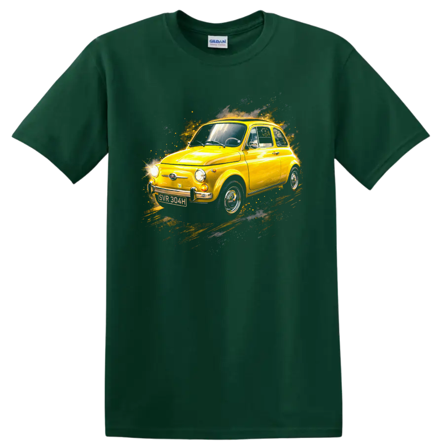 Yellow Fiat 500 classic car with retro splash graphic print T shirt on a Forest Green T Shirt